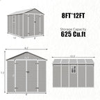 Outdoor Shed 5x3/6x4/7x7/8x6/8x10/8x12 FT, 15MM Thick PP Resin Plastic Shed with Lockable Door & Floor - Waterproof Plastic Tool Shed for Bike, Garbage Can, Backyard, Patio ﻿ ﻿ (Grey, 8x12FT)