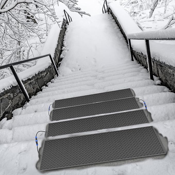 Snow Melting Mats Outdoor for Stairs,10 x 30 in 2 Pack No-Slip Heated Outdoor Mats with 10 ft Power Cord, 3 in/h Speed Snow and Ice Melting Pads for Winter Outdoor Stairs, Steps Snow Removal