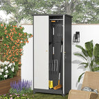 GREATMEET 72.8" Outdoor Broom Storage Cabinet, Waterproof Outdoor Shed, Metal Storage Cabinets for Cleaning Supplies with Slanted Roof, Utility Closet, Broom Mop Cabinet, Grey&White