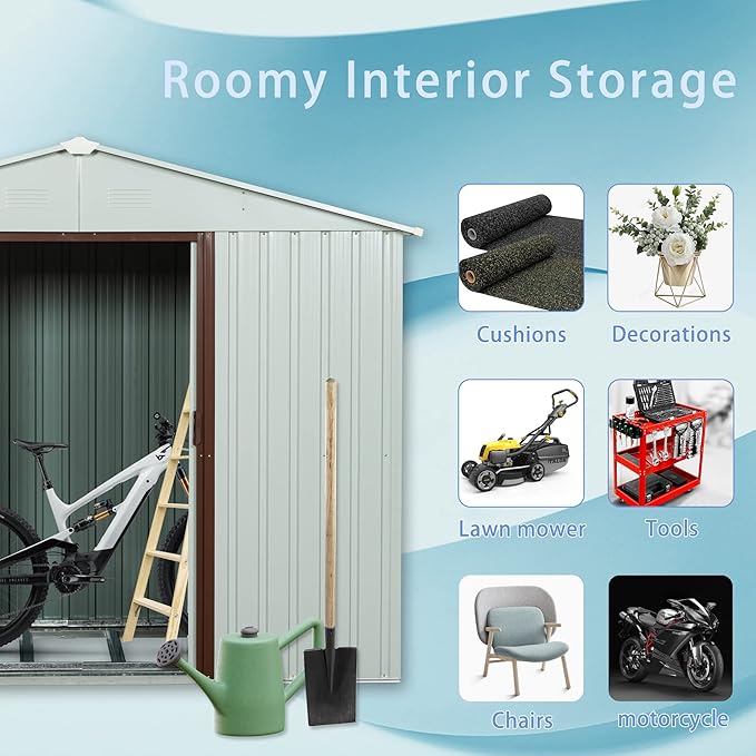 4x8 FT Outdoor Storage Shed, Metal Garden Shed with Frame Floor, Outside Tool Shed with Lockable Sliding Doors, Waterproof Storage Building with Sloped Roof for Backyard, Patio, Lawn, White