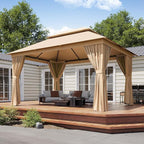 Outdoor Gazebo Metal Frame Patio Pergola Double Roofs Patio Canopy with Double-Layer Door and Mosquito Netting for Deck, Backyard, Lawn (Beige, 10x13FT)