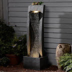 Outdoor Water Fountain, 49.2" Tall Freestanding Fountain with LED Lights & Pump - Curved Faux Slate Waterfall Feature for Garden/Patio/Backyard, Resin Fiberglass Indoor Outdoor Floor Standing Fountain