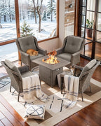 Outdoor Patio Chairs with Fire Pit Table 5 Piece Set - High Back Brown Wicker Rattan Lawn Chair with Thick Cushion for Porch Apartment Deck Yard Poolside Garden - Grey