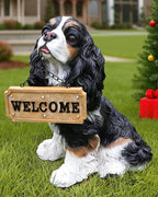 Charming Cavalier King Charles Spaniel Welcome Dog Statue with Solar Lantern, Hand-Painted Sitting Resin Puppy Figurine with Reversible Signs for Garden, Patio, and Porch Décor