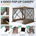 COBIZI 6x6 Pop up Gazebo Tent, Ez up Waterproof Screen Tent Screen House, Portable Outdoor Canopy Sun Shelter with Carry Bag & Ground Stakes for Camping, Garden and Picnics, Brown(Upgraded 2.0)