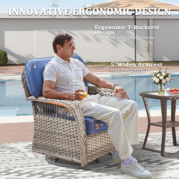 Patio Furniture Sets, 6 Pieces Wicker Outdoor Furniture with Patio Sidetables - 360 Degree Swivel Rocking Chairs and Rattan Side Table for Garden, Porch, Backyard, Blue/Gray Wicker