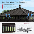 SUNJOY Kingston 12' x 12' Hardtop Gazebo with Galvanized Steel Double Roof, Curtain and Netting, Brown Aluminum Posts Permanent Pavilion Gazebo for Garden, Patio, Deck, Lawn