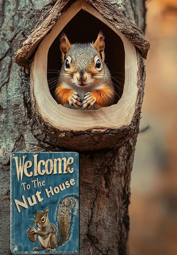 Funny Squirrels Signs Welcome To The Nut House Squirrels Stuff For Indoor Outdoor Decor 12x8 Inches (Navy)