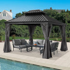 ABCCANOPY Hardtop Gazebo 10x12 - Outdoor Metal Hard Top Gazebo, Permanent Galvanized Steel Aluminum Framed Pavilion with Netting and Curtain for Patio Backyard Lawn Garden (Double Roof, Gray)