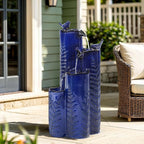 32" H Ceramic Outdoor Water Fountain with LED Lights, 4-Tier Vase Outdoor Fountain, Cobalt Blue Glaze, Embossed Fern Pattern, Cascading Waterfall for Tranquil Garden, Patio, or Porch
