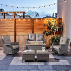 HUMMUH 6-Piece Patio Furniture Set with Fire Pit Table Wicker Outdoor Swivel Rocker Patio Chairs High Back Loveseat Conversation Set for Porch, Backyard, Deck