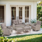 6 Piece Patio Furniture Set - Wicker Patio Conversation Set with Swivel Glider, Glider Loveseat, Tempered Glass Side Table and 2 Ottomans for Deck Backyard - Grey Wicker Grey Cushion