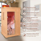1-Person Indoor Infrared Sauna 1000W – Canadian Hemlock Wood Home Sauna with Red Light Therapy, Bluetooth Speaker, Glass Door,Big Room: 37.8" x 30.3" x 65.4"