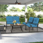 5Pcs Outdoor Furniture Patio Conversation Sets Loveseat, 2 Motion Spring Chairs with Coffee Table, Metal Frame Chair Set (Peacock Blue)
