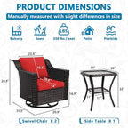 Vista Vibe 3 Pieces Outdoor Patio Conversation Furniture Set - 360 Degree Swivel Glider Rocker Chairs | Wicker End Table, Washable Cushions, Hand-Woven PE Rattan, Lawn, Sunroom (Brown/Red)