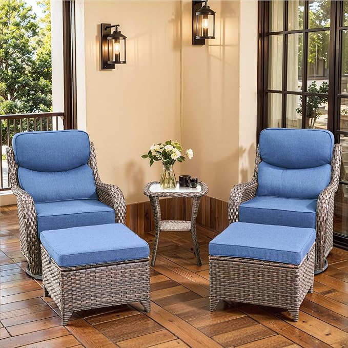 Luxury Outdoor Furniture Set with 6-Inch Thick Cushion, High Back Swivel Patio Chairs with Ottoman & Side Table, Outdoor Wicker Swivel Bistro Set for Porch, Yard, Deck, Poolside, Brown/Blue