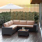 Outdoor Patio Furniture Set, 6 Pieces Outdoor Furniture All Weather Patio Sectional Sofa PE Wicker Modular Conversation Sets with Coffee Table,5 Chairs & Seat Clips Brown