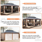 12' X 18' Double-Tier Hardtop Gazebo, Thermal Transfer Faux Wood Metal Gazebo with Galvanized Steel Roof Curtain and Netting, Permanent Gazebo Pavilion for Patio, Backyard, Deck, Lawn