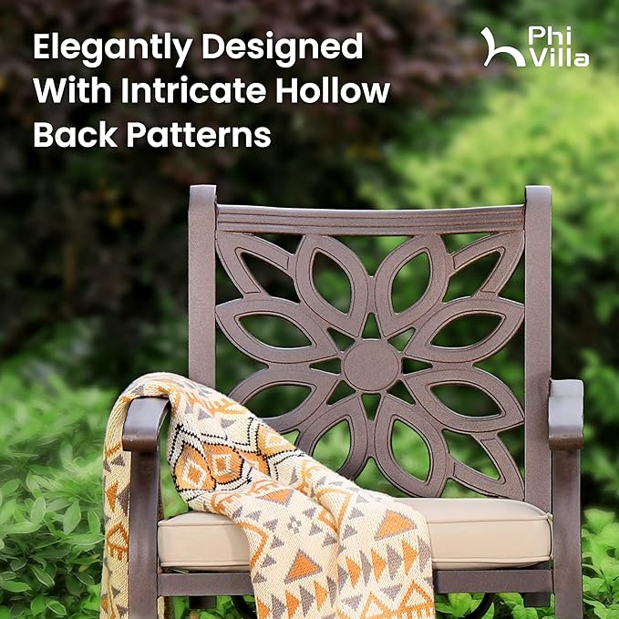 PHI VILLA Cast Aluminum Patio Dining Set for 6 Person, 7 Piece Outdoor Patio Set with 54" Dia Cast-Top Aluminum Table(2.1" Umbrella Hole) and 6 Swivel Rockers Dining Chairs with Seat Cushions