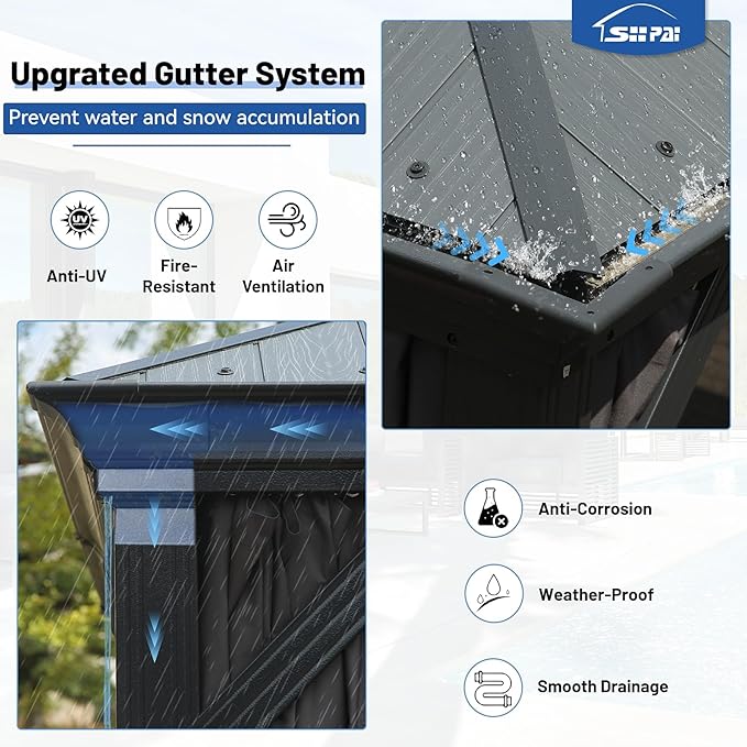 Outdoor Hardtop Gazebo for Patio 12x16FT with Resin-Galvanized Steel Roof, Metal Hard Top Gazebo with Gutters, Heavy Duty Gazebos All Season with Curtains & Netting, for Deck, Backyard, Hot Tub