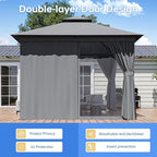 Outdoor Gazebo Metal Frame Patio Pergola Double Roofs Patio Canopy with Double-Layer Door and Mosquito Netting for Deck, Backyard, Lawn (Grey, 10x10FT)