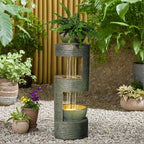 37.8" Outdoor Fountain with Waterfall & LED Lights, Freestanding Garden Water Fountain for Patio/Backyard, Resin Tiered Fountain with Pump