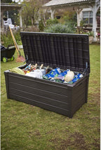 Keter Brightwood 120 Gallon Resin Large Deck Box for Patio Garden Furniture, Outdoor Cushion Storage, Pool Accessories, and Toys, Brown, 57L x 27.5W x 23.7H in.