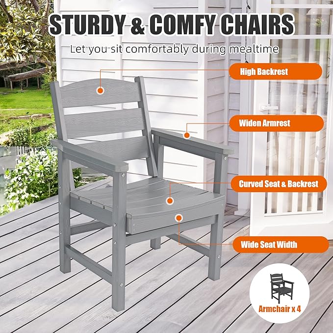 5-Piece HIPS Patio Dining Set, Outdoor Dining Table and Chairs Set with Umbrella Hole, Weatherproof Dining Table Set for 6 Person, Patio Furniture Set for Outside Deck, Grey