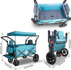 Foldable Wagon with Canopy - Collapsible Utility Cart with 2 Seats & Belts, Adjustable Handle, Expandable Front for Camping, Picnic, Shopping (Turquoise/Grey)