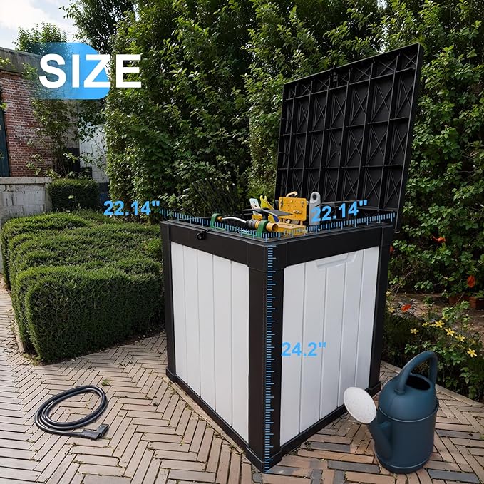 51-Gallon Outdoor Deck Box,Storage Lockable Waterproof Patio Furniture,Garden Tools,Cushions,Pool Accessories Outside Storage Resin Box(Black and White)