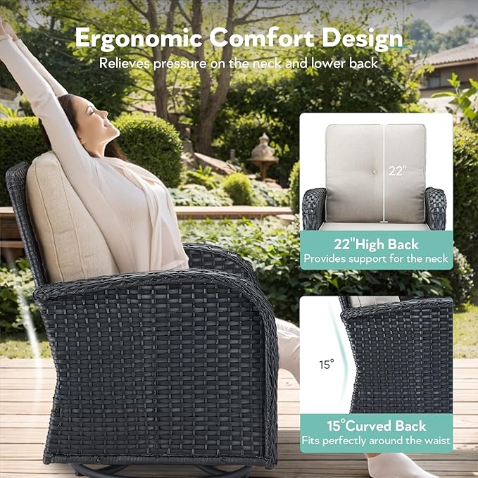 6 Piece Patio Furniture Set - Wicker Patio Conversation Set with Swivel Glider, Glider Loveseat, Tempered Glass Side Table and 2 Ottomans for Deck Backyard - Black Wicker Beige Cushion