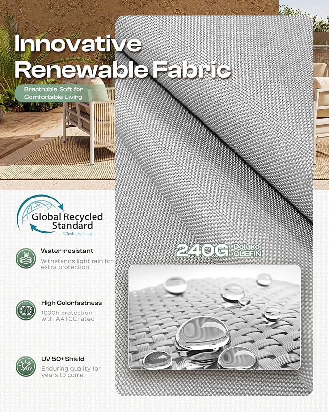 Aluminum Outdoor Patio Furniture Set, HDPE Rope 4 Piece Modern Sectional Conversation Sets with Dual-Layer Coffee Table, All Weather Patio Couch Set with Thick Cushions, Silver Frame, Silver