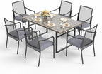 HERA'S HOUSE Metal Patio Table and Chairs Set, 7 Piece Outdoor Dining Set, 6 x Cushioned Chairs with 64" Rectangular Wood-Like Table for Backyard Garden Lawn Restaurant