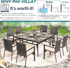 PHI VILLA 9 Pieces Square Outdoor Dining Table Set for 8, 60” Large Metal Steel Dining Table & Rattan Wicker Chairs with Cushions, Dining Furniture Set for Patio, Deck, Yard, Porch