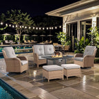 6 Pieces Patio Furniture Set with Fire Pit Table, Wicker Rattan Outdoor Furniture Set with Loveseat and Swivel Chairs for Yard, Deck, Garden, Yellow Wicker/Beige Cushion