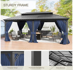 12'x20' Hardtop Gazebo,Double Roof, Outdoor Galvanized Steel Metal Gazebo with Curtains and Netting for Patios, Gardens, Lawns, NavyBlue