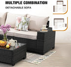 7 Pieces Patio Furniture Set All-Weather Outdoor Wicker Sectional Conversation Sofa Rattan Patio Seating Sofa with Cushion and Glass Table and Ottoman for Porch Poolside,Beige