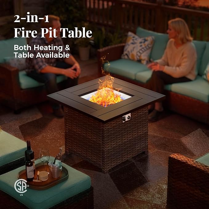 Patio Furniture Set, 8 Pcs Wicker Rattan Outdoor Conversation Set, 4 x Leg Chairs, 1 x 3 Seater Sofa and 2 x Ottoman with 4" Thick Cushion and 32" Fire Pit Table, Blue