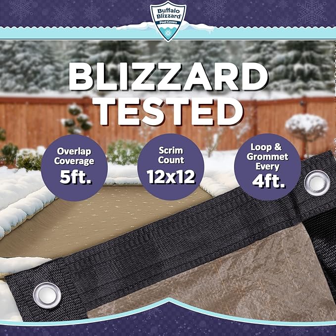 Buffalo Blizzard Supreme Plus 30 ft x 60 ft Rectangular Winter Pool Cover | Tan/Silver | Heavy Duty for Above Ground Swimming Pools | Easy Install | Cold & UV Resistant | Seasonal Debris Protection