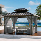 12'x10' Hardtop Gazebo, Heavy Duty Aluminum Permanent Hardtop Gazebo Outdoor Pavilion with Curtains and Netting for Garden (Gray, 12'x10')