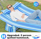 Double Quilted Fabric Tree Hammock with Spreader Bar, 14ft Hammocks 2 Person for Outside, Fits 12ft -14ft Hammock Stand, Large Pillow, Side Pocket & Carabiner, Max 475 lbs Capacity (Ocean Blue)