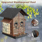 Bird Feeders for Outdoors, Metal Bird Feeder with Double Suet Cage Weatherproof Metal Roof, 2 in 1 Mixed Seeds Suet Feeder, 4Lbs Large Capacity, Great for Finch、Cardinal、Chickadee（Brown）