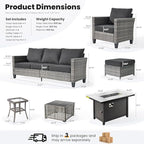 ovios 7 Pieces Patio Furniture Set with 42" Fire Pit Table, Outdoor Sofa Couch with Solar Lights Table Comfy Cushions, Modern Deep Seat Wicker Rattan Conversation Set, Black