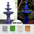 Glitzhome Water Fountain Outdoor Floor-Stand Fountain with LED Light & Pump Oversized 3 Tier Ceramic Cobalt Blue Patio Fountains and Waterfalls Outdoor Yard Fountains for Lawn Garden Backyard
