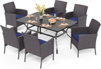 PHI VILLA 7 Piece Outdoor Dining Set for 6, Rectangular Wrought Iron Dining Table with Umbrella Hole & Cushioned Rattan Wicker Chairs for Patio, Deck, Yard, Porch