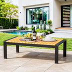 Aluminum Outdoor Coffee Table - Black Rectangle Patio Tables with Teak Top for Deck, and Poolside