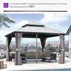 PURPLE LEAF 12' X 12' Permanent Hardtop Gazebo Outdoor Aluminum Gazebo with Galvanized Steel Double Roof for Patio Lawn Garden Aluminum with Netting and Curtains Grey