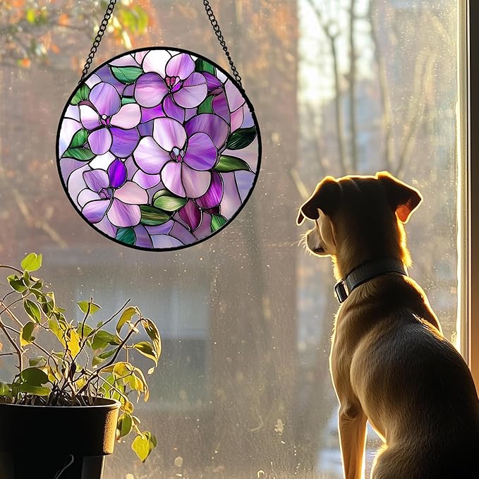 Stained Glass Window Hanging 4 Pcs Set Purple Flower Theme Large 15" - Tulip Suncatcher Door Garden Sun Catcher Decor Birthday Christmas for Plant Lovers Woman Nana Men