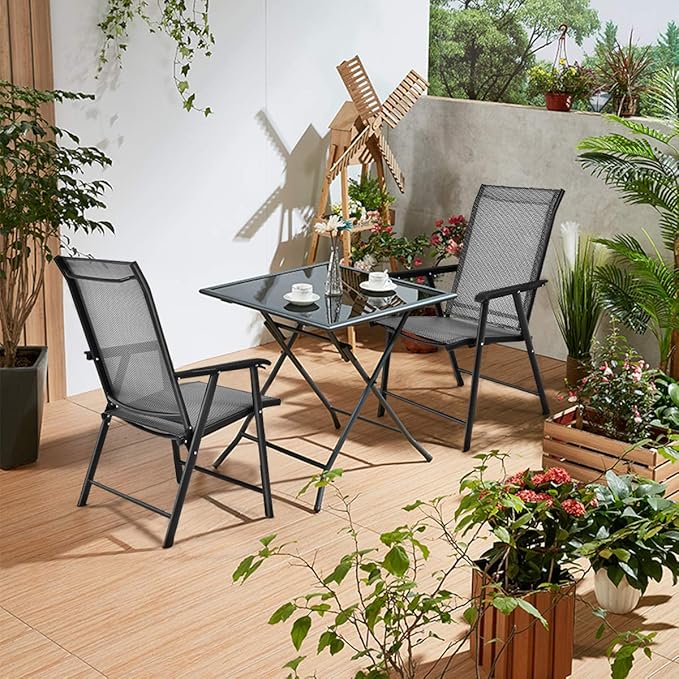S AFSTAR Patio Chairs Set of 2, Outdoor Foldable Sling Chairs with Armrests, Folding Outdoor Chairs for Lawn Garden Backyard Poolside Porch (Gray)