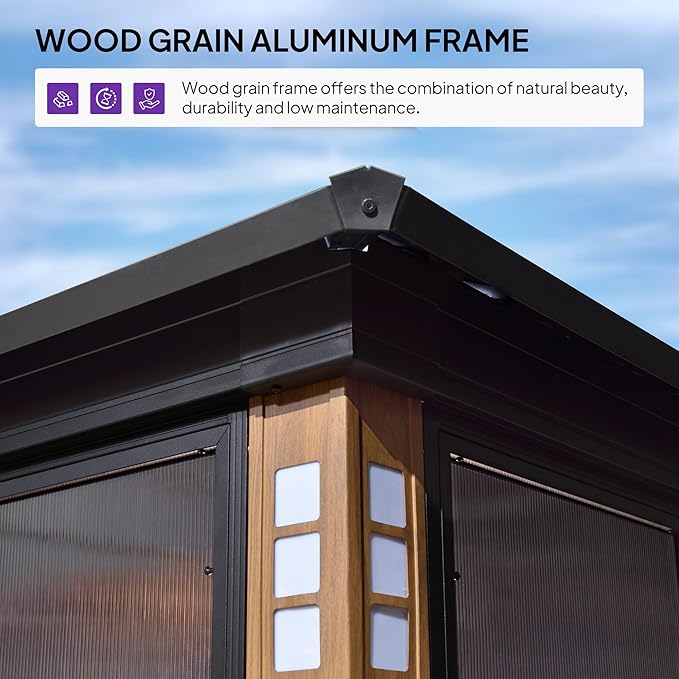 PURPLE LEAF 12' X 16' Sunroom Patio Hardtop Gazebo Double Top Galvanized Steel Screen House Aluminum Sun Room Outdoor Solarium for Garden Backyard and 24 Solar String Light